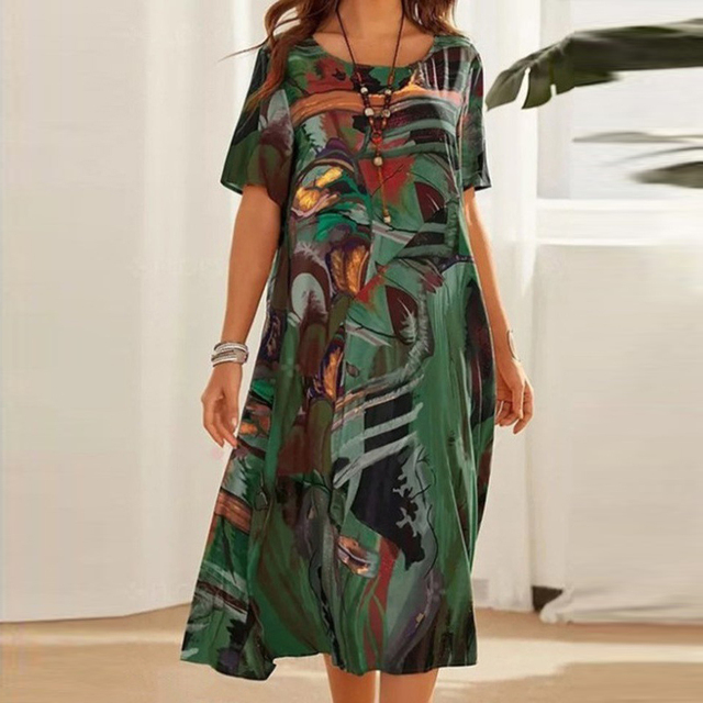 GRETA | ELEGANT ABSTRACT TUMMY-COVERAGE MIDI DRESS
