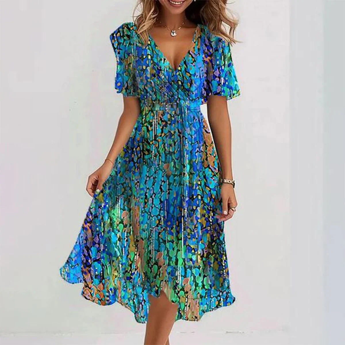 MATILDA | FLORAL WRAP TUMMY-COVERAGE MIDI DRESS
