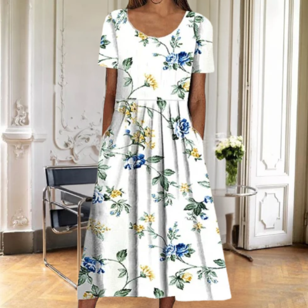 EDITH | ELEGANT FLORAL TUMMY-COVERAGE MIDI DRESS