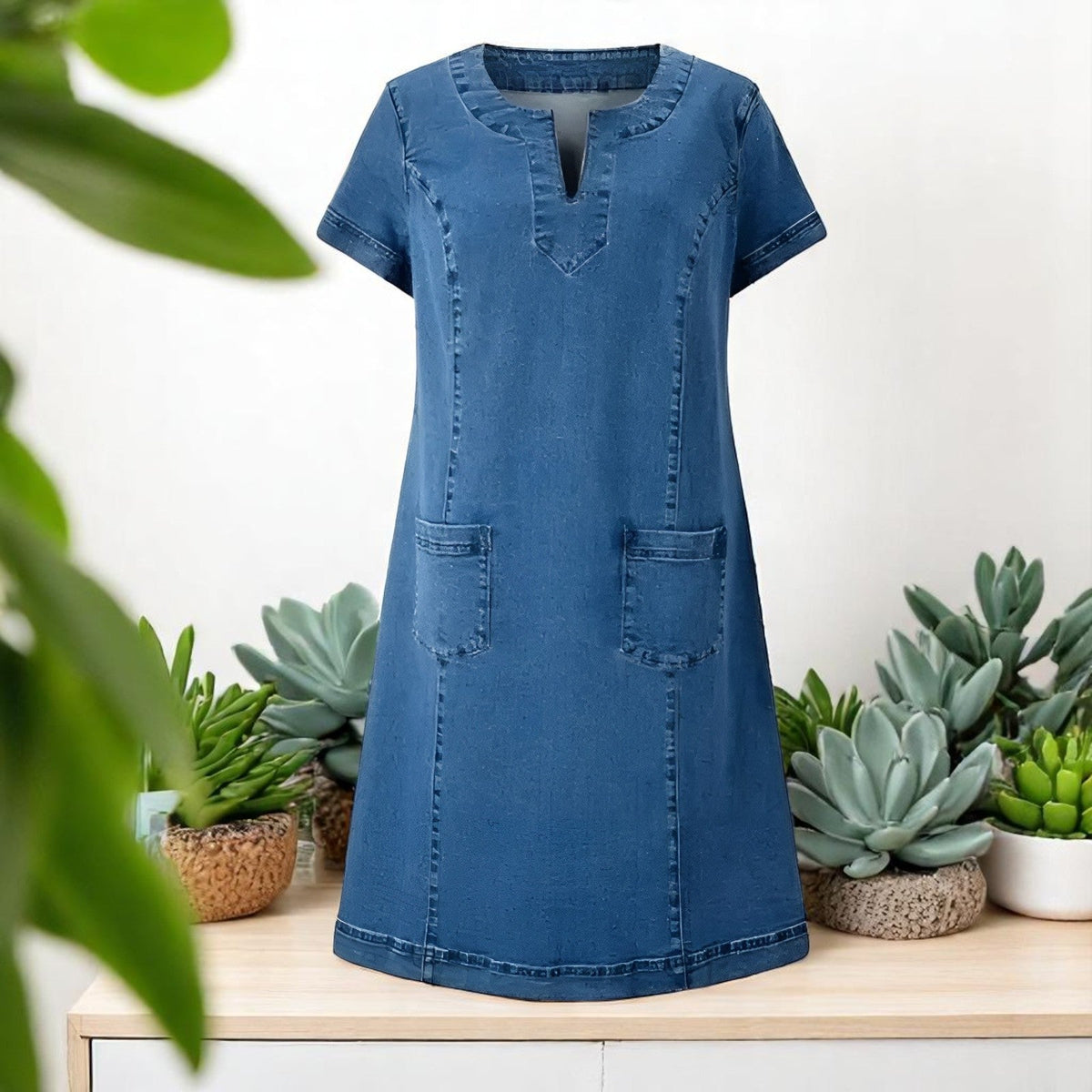 MARGARET | ELEGANT DENIM-INSPIRED TUMMY-COVERAGE DRESS