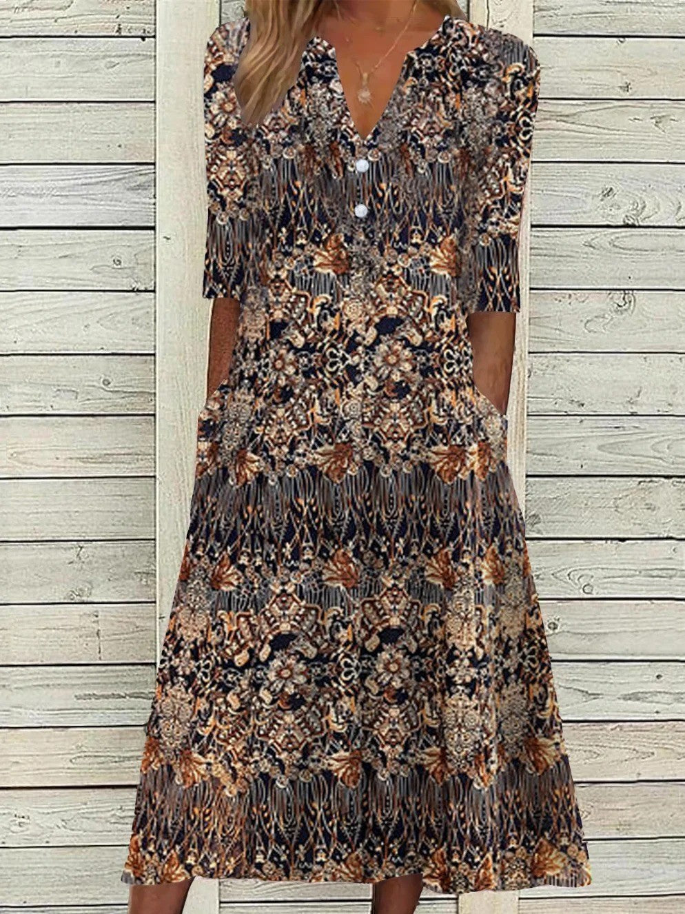 MINDY | ELEGANT PRINTED TUMMY-COVERAGE MIDI DRESS