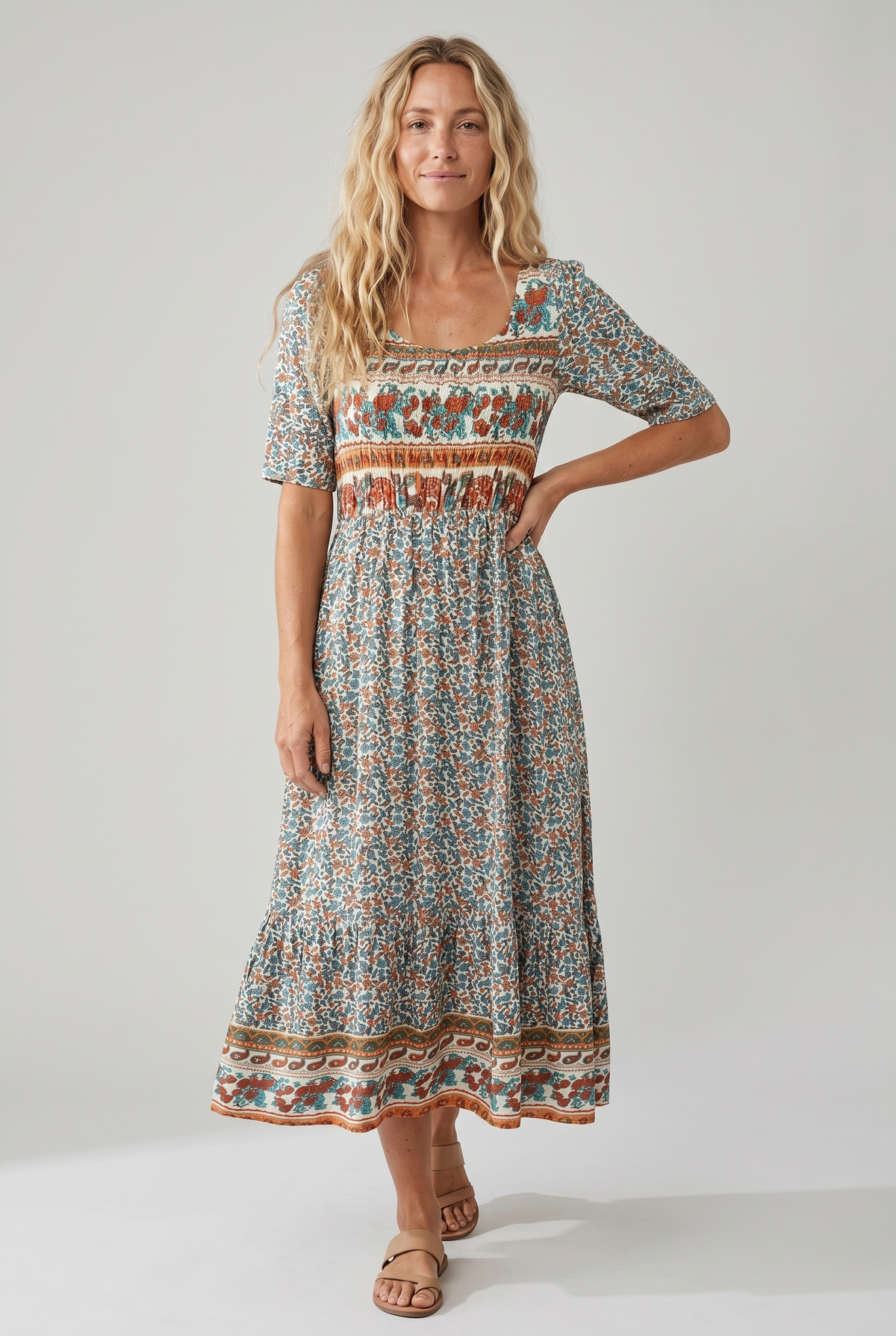 MARIA | BOHO PRINT MIDI DRESS WITH ELEGANT TUMMY COVERAGE