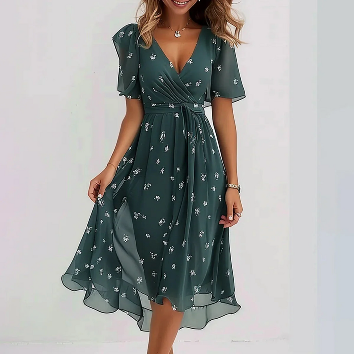 MATILDA | FLORAL WRAP TUMMY-COVERAGE MIDI DRESS