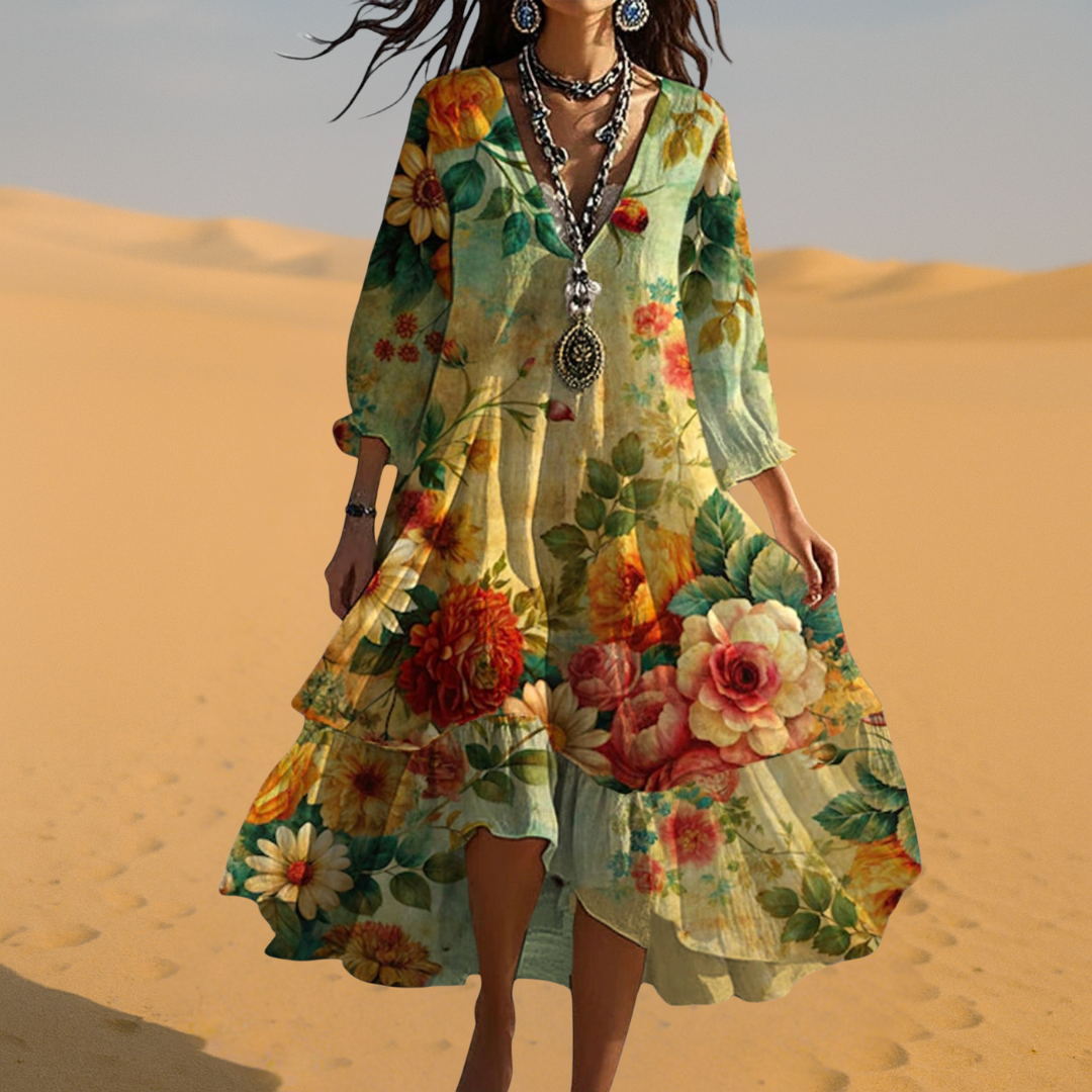 HALLIE | ELEGANT FLORAL TUMMY-COVERAGE MIDI DRESS
