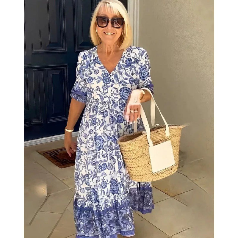 FIONA | ELEGANT FLORAL TUMMY-COVERAGE FLOWING DRESS
