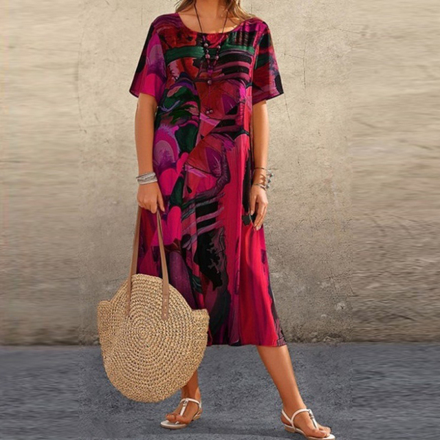 GRETA | ELEGANT ABSTRACT TUMMY-COVERAGE MIDI DRESS