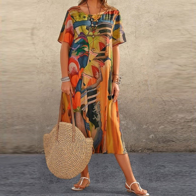 GRETA | ELEGANT ABSTRACT TUMMY-COVERAGE MIDI DRESS