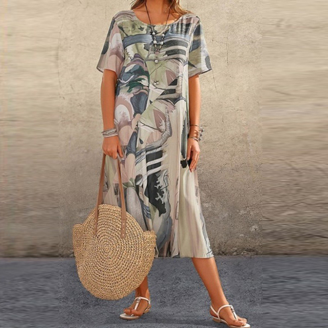 GRETA | ELEGANT ABSTRACT TUMMY-COVERAGE MIDI DRESS