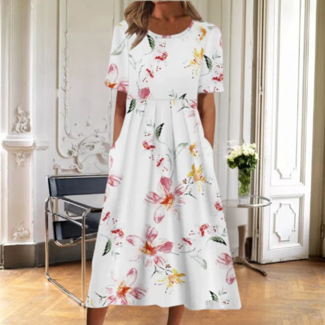 EDITH | ELEGANT FLORAL TUMMY-COVERAGE MIDI DRESS