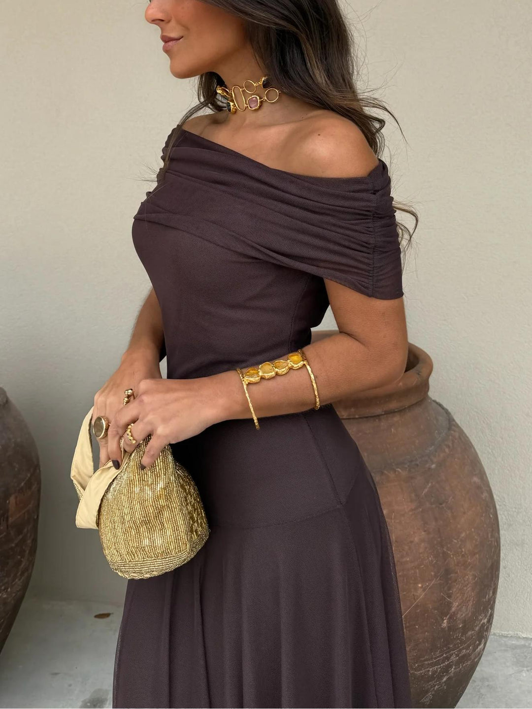 Alma Off-Shoulder Chiffon Maxi Dress