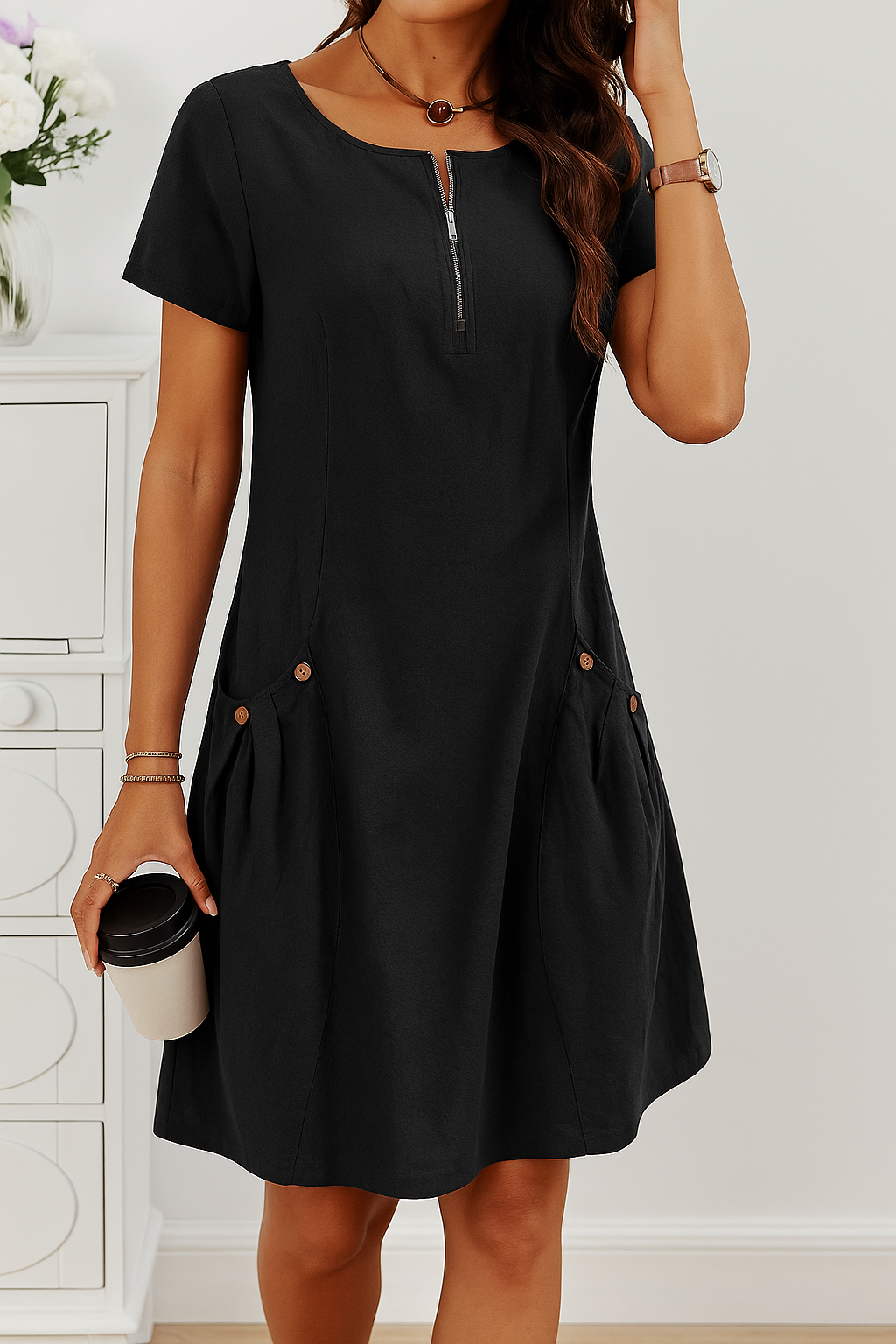 CLARISSA | ELEGANT BUTTON-DETAIL TUMMY-COVERAGE DRESS