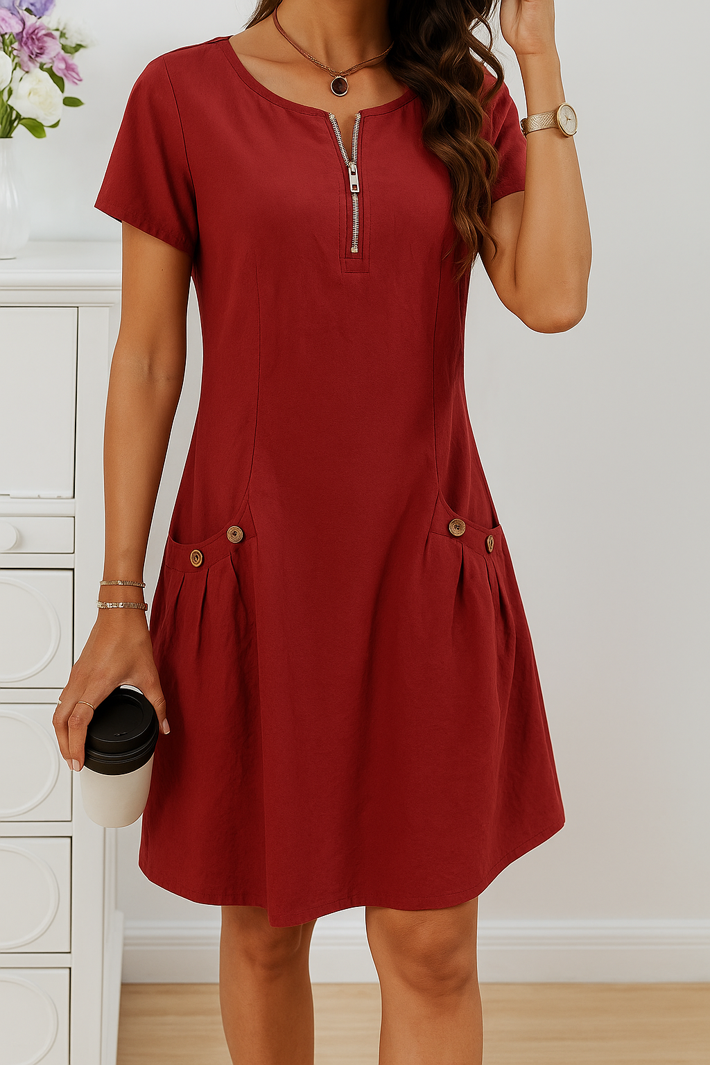 CLARISSA | ELEGANT BUTTON-DETAIL TUMMY-COVERAGE DRESS