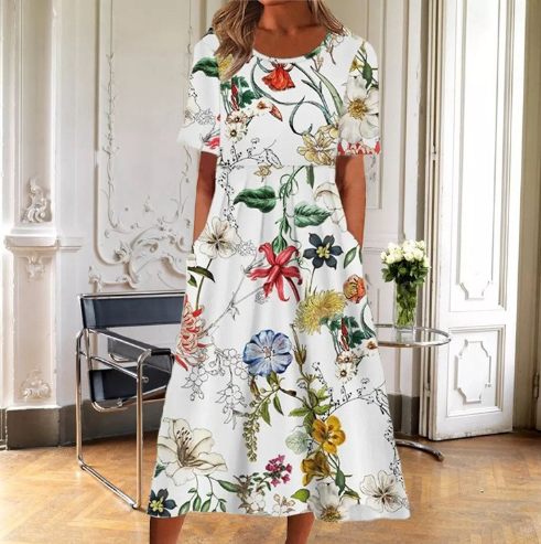 EDITH | ELEGANT FLORAL TUMMY-COVERAGE MIDI DRESS