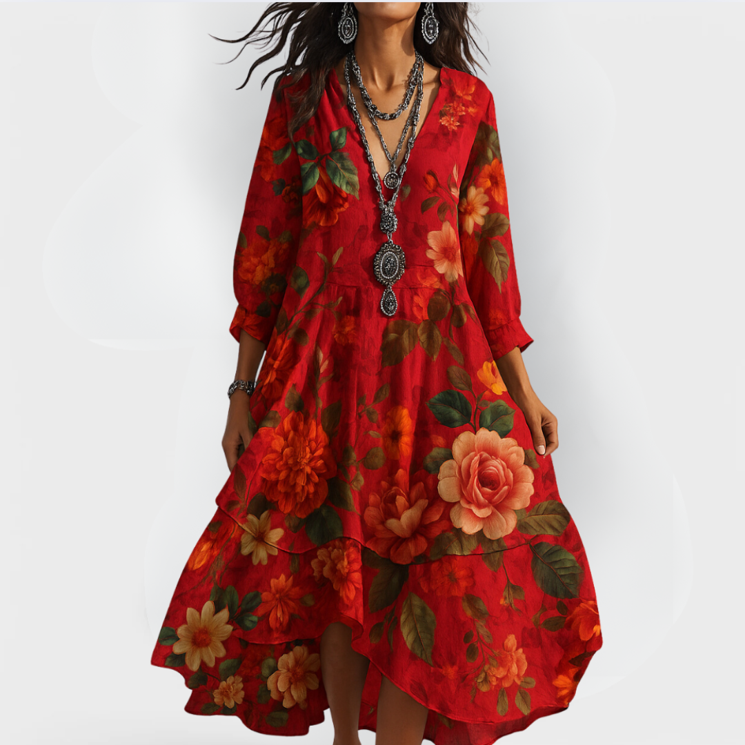 HALLIE | ELEGANT FLORAL TUMMY-COVERAGE MIDI DRESS