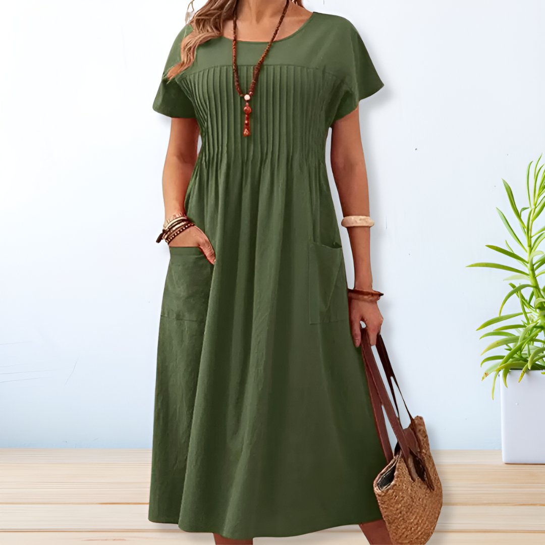 LYLA | ELEGANT PLEATED TUMMY-COVERAGE MIDI DRESS