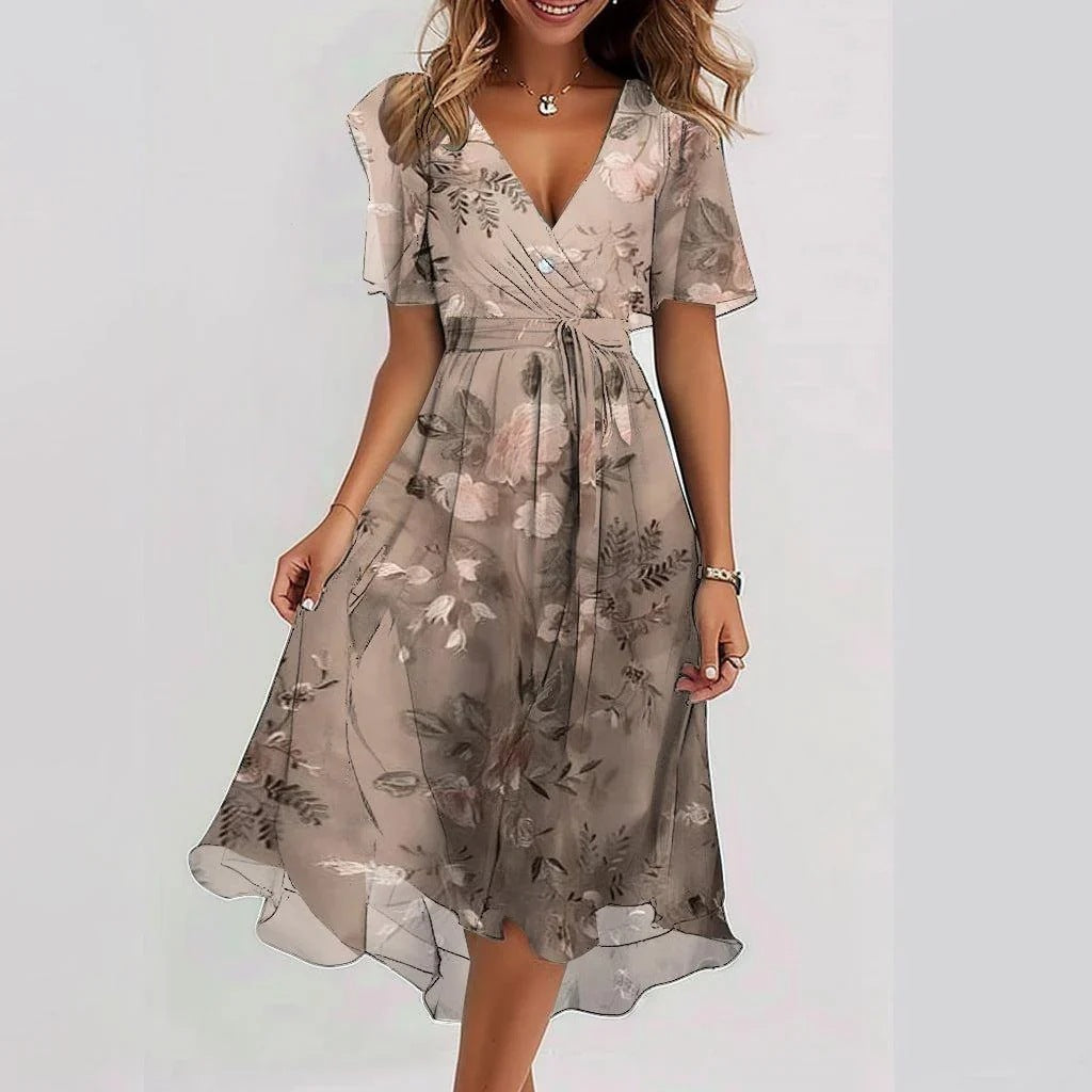 MATILDA | FLORAL WRAP TUMMY-COVERAGE MIDI DRESS