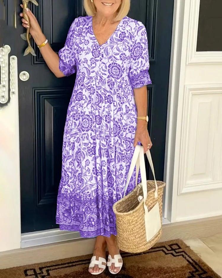 FIONA | ELEGANT FLORAL TUMMY-COVERAGE FLOWING DRESS
