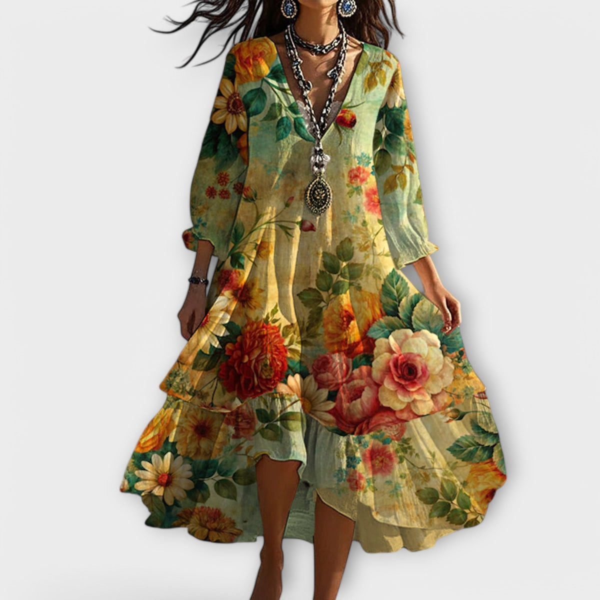 HALLIE | ELEGANT FLORAL TUMMY-COVERAGE MIDI DRESS