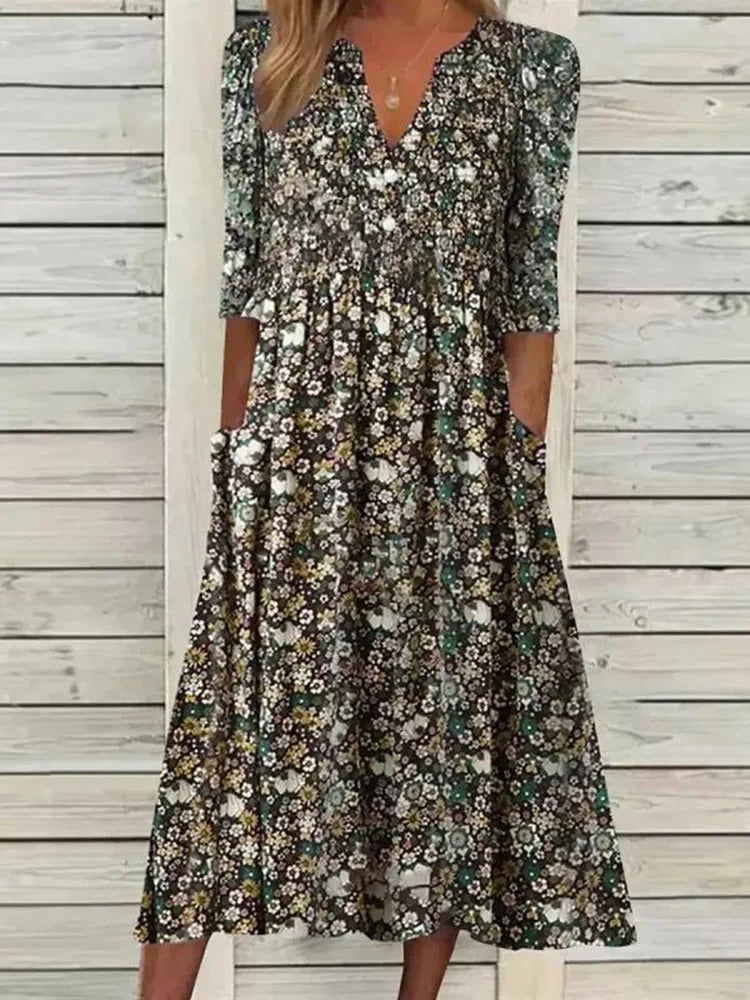 MADISON | ELEGANT FLORAL TUMMY-COVERAGE A-LINE DRESS