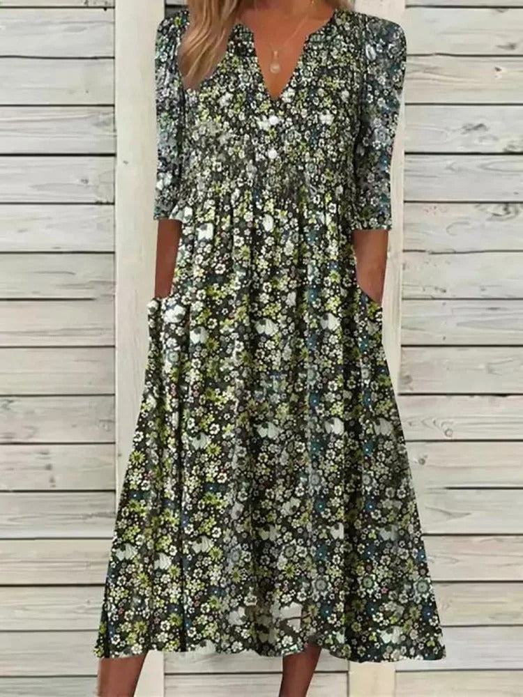 MADISON | ELEGANT FLORAL TUMMY-COVERAGE A-LINE DRESS