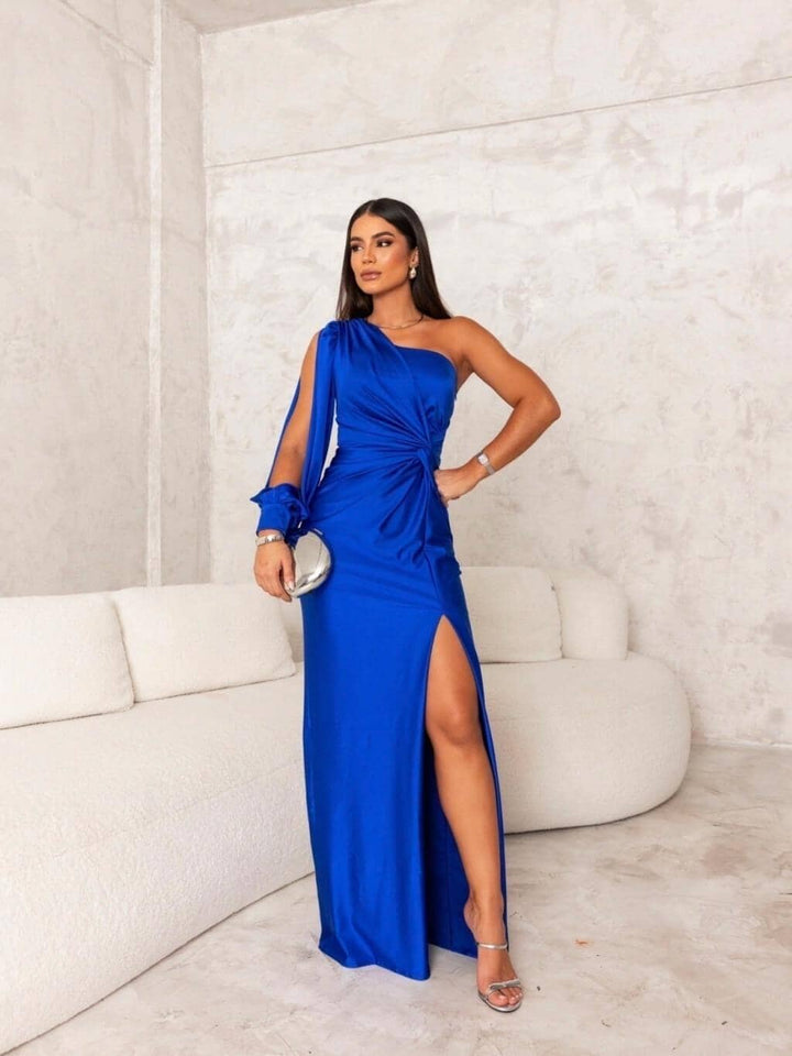 Aurelia One-Shoulder Satin Dress with Slit