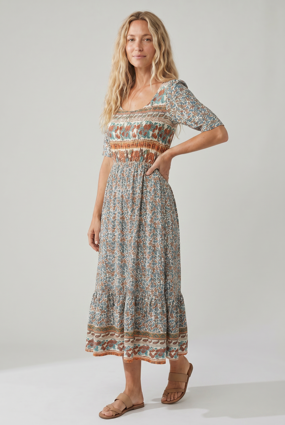 MARIA | BOHO PRINT MIDI DRESS WITH ELEGANT TUMMY COVERAGE