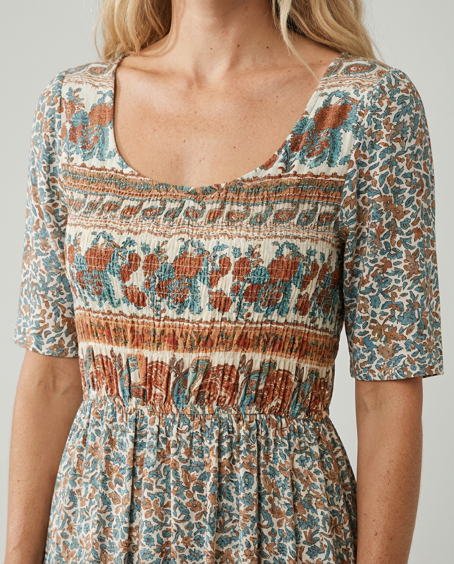 MARIA | BOHO PRINT MIDI DRESS WITH ELEGANT TUMMY COVERAGE